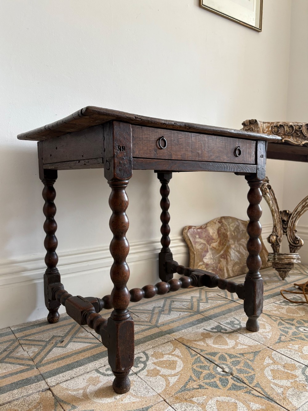 A 17thC and Later English Oak 2 Plank Side Table, Bobbin Turned Legs, 70cm wide