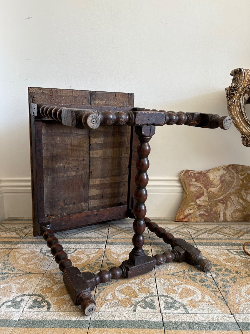 A 17thC and Later English Oak 2 Plank Side Table, Bobbin Turned Legs, 70cm wide View X