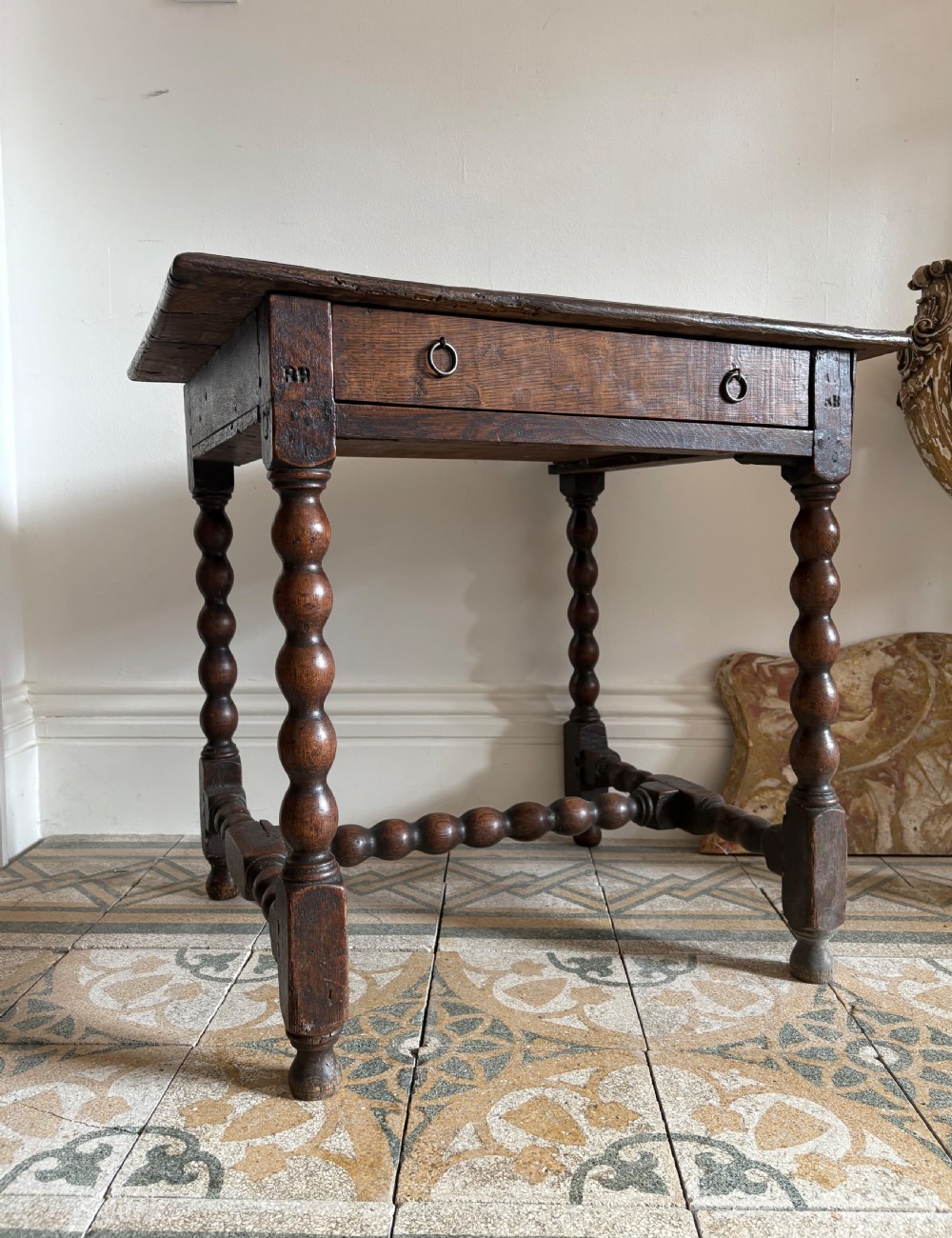 A 17thC and Later English Oak 2 Plank Side Table, Bobbin Turned Legs, 70cm wide View XII