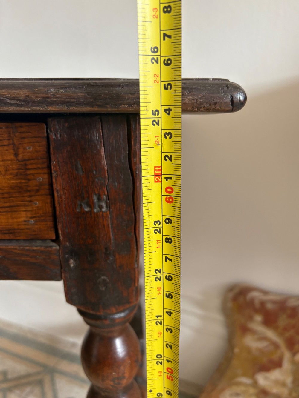 A 17thC and Later English Oak 2 Plank Side Table, Bobbin Turned Legs, 70cm wide View XVIII