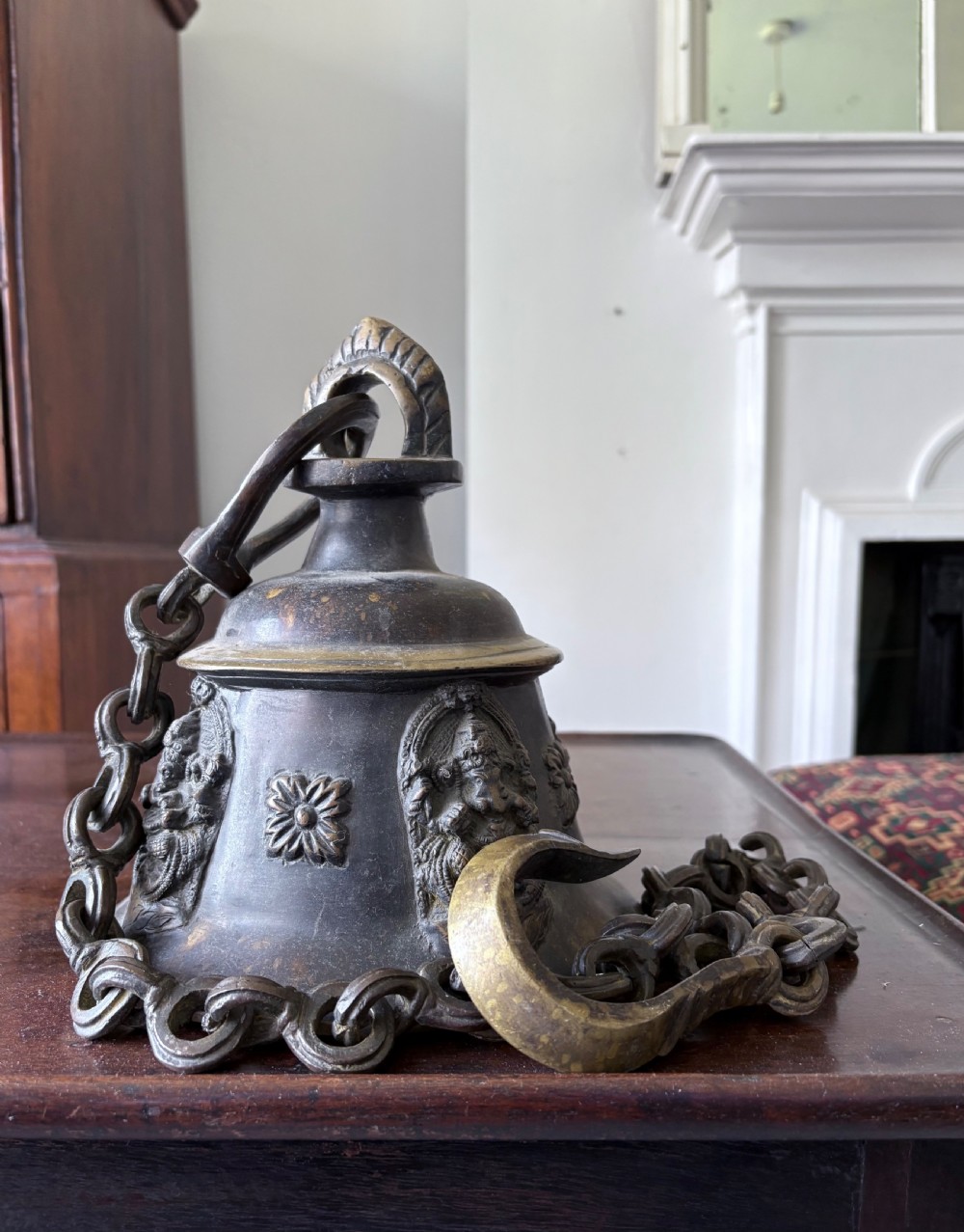 A Heavily Cast Bronze 19th Century Hindu Temple Bell and Chain, 108cm drop View II