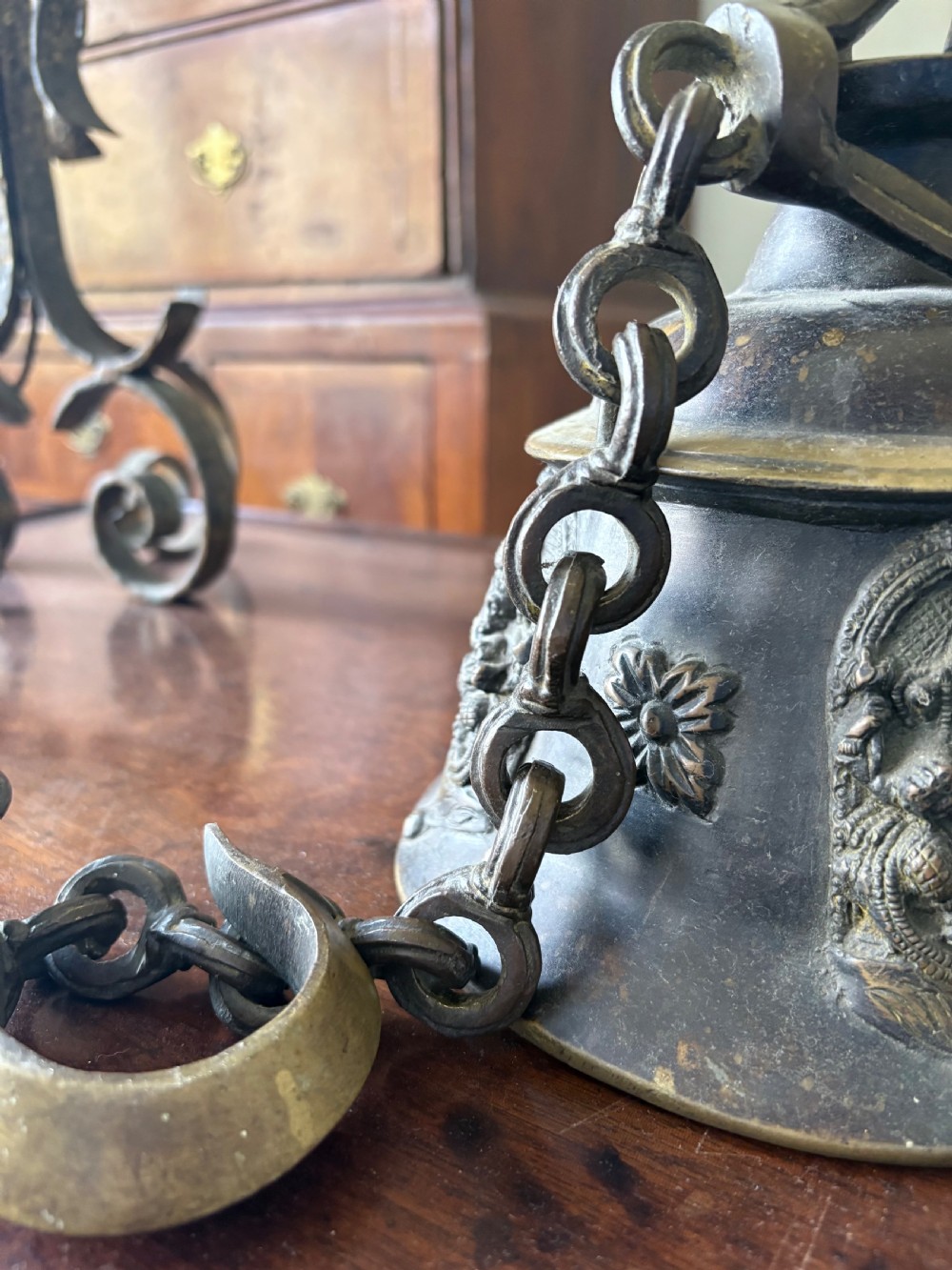 A Heavily Cast Bronze 19th Century Hindu Temple Bell and Chain, 108cm drop View V