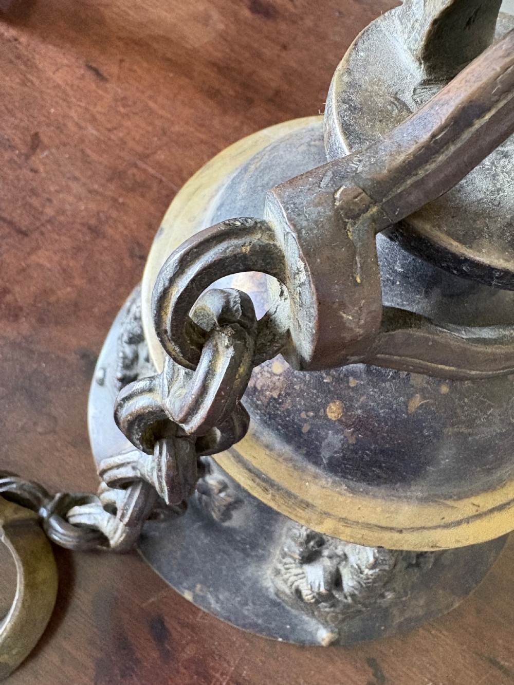 A Heavily Cast Bronze 19th Century Hindu Temple Bell and Chain, 108cm drop View VII