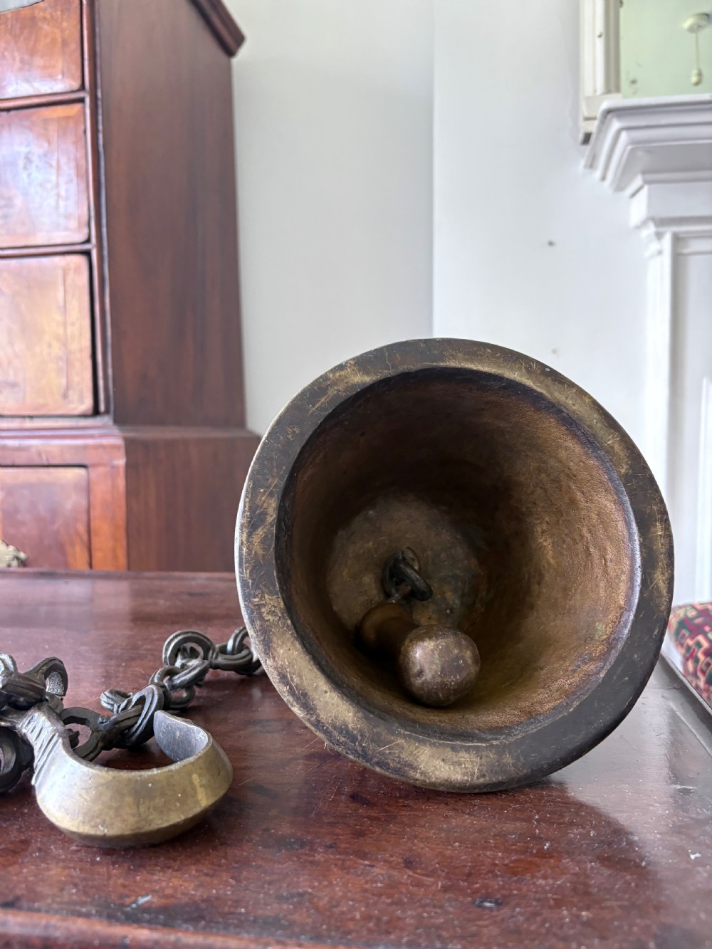 A Heavily Cast Bronze 19th Century Hindu Temple Bell and Chain, 108cm drop View VIII