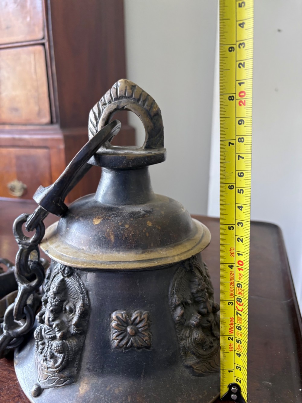 A Heavily Cast Bronze 19th Century Hindu Temple Bell and Chain, 108cm drop View XII