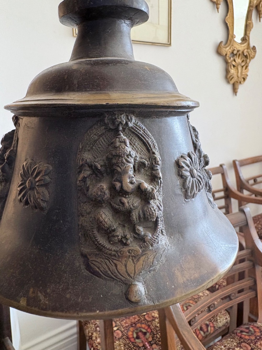 A Heavily Cast Bronze 19th Century Hindu Temple Bell and Chain, 108cm drop View XIII