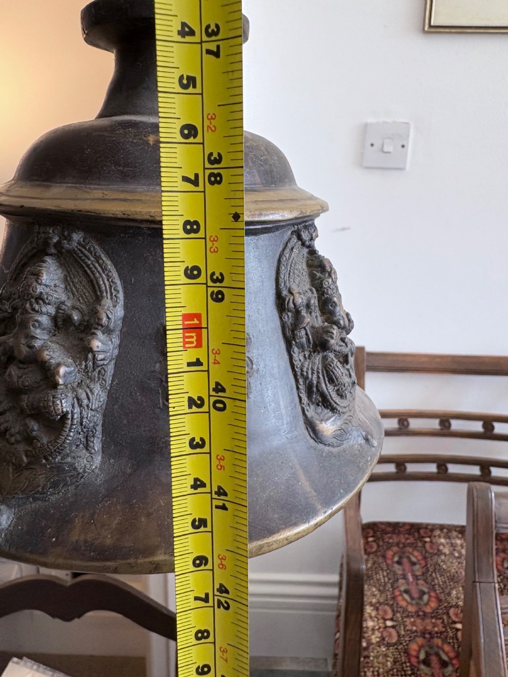 A Heavily Cast Bronze 19th Century Hindu Temple Bell and Chain, 108cm drop View XIV