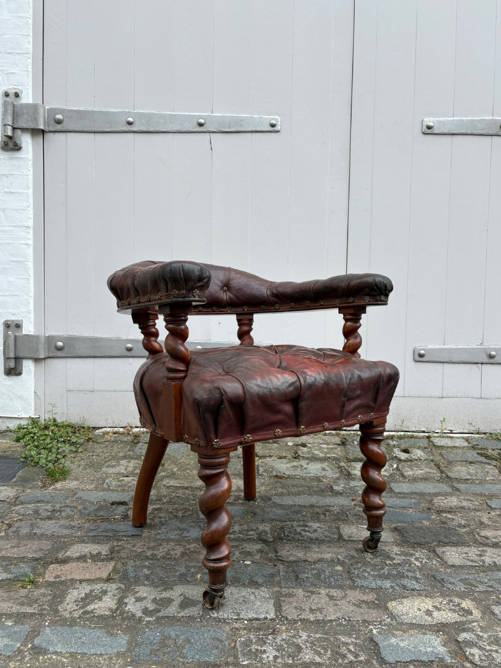 A 19thC Original Buttoned Red Captains Library Desk Chair, Newly Refurbished