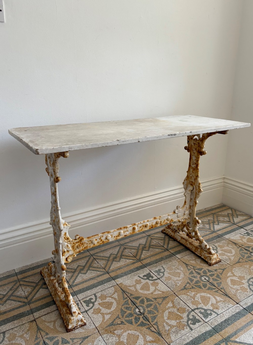 A White Painted Victorian Cast Iron Condervatory Garden Table with 108cm Marble Top. View III
