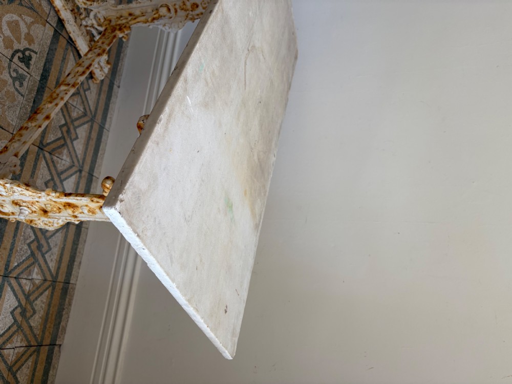 A White Painted Victorian Cast Iron Condervatory Garden Table with 108cm Marble Top. View IV