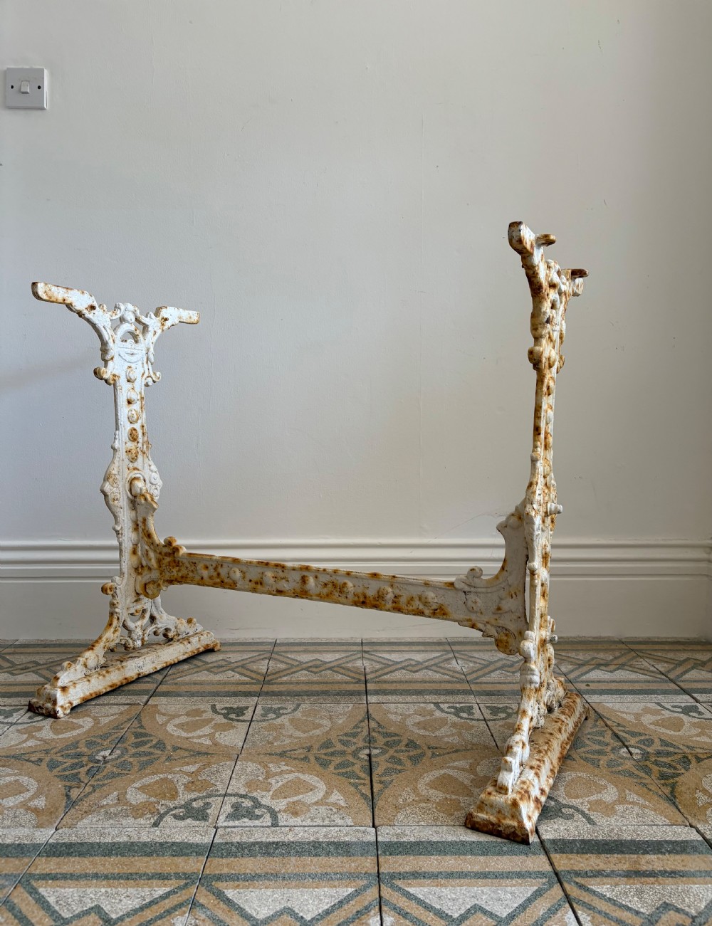A White Painted Victorian Cast Iron Condervatory Garden Table with 108cm Marble Top. View VI