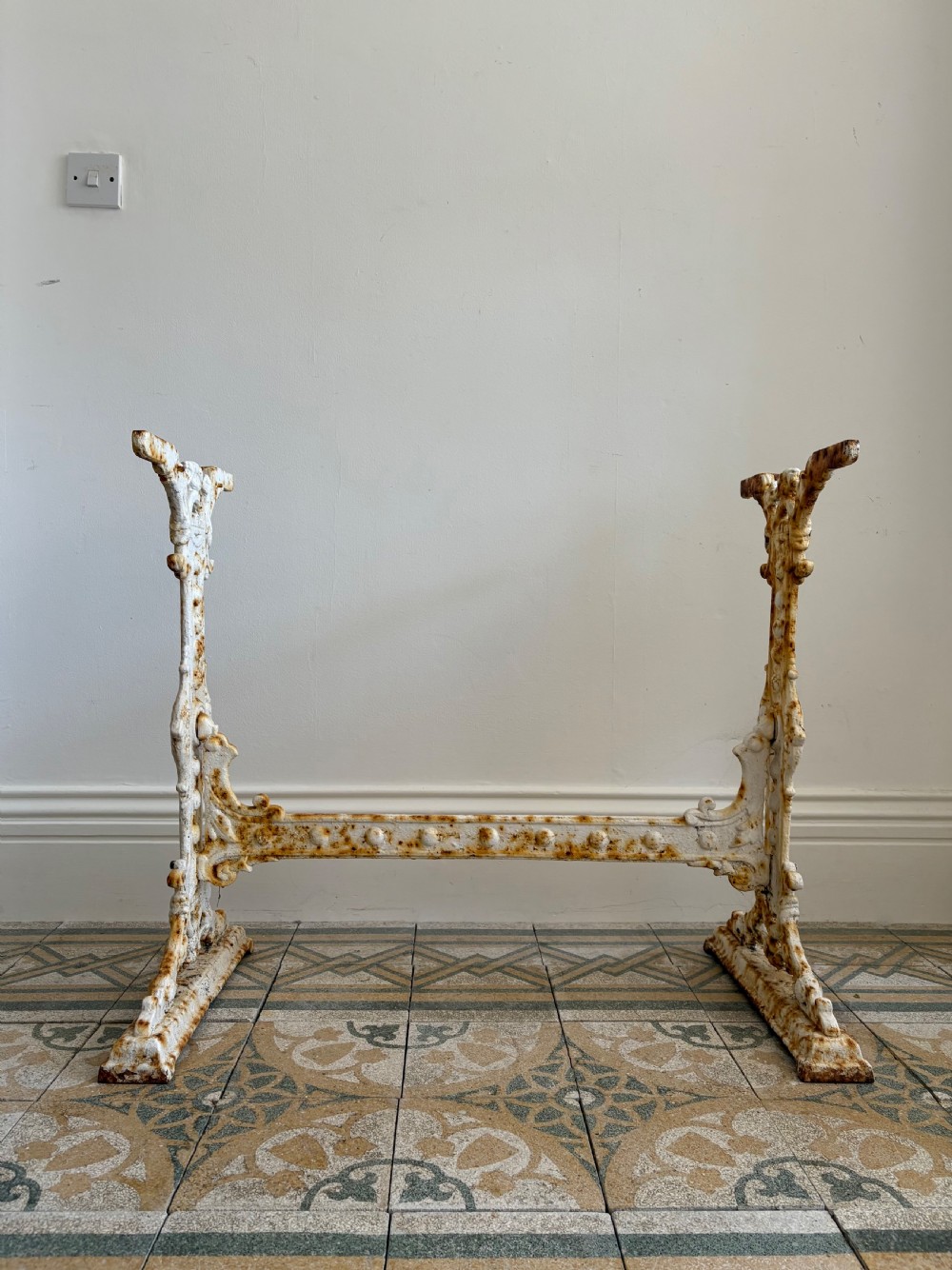 A White Painted Victorian Cast Iron Condervatory Garden Table with 108cm Marble Top. View VII