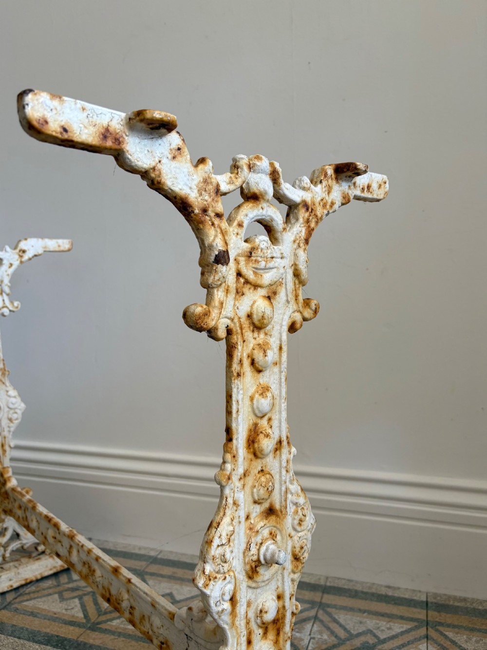 A White Painted Victorian Cast Iron Condervatory Garden Table with 108cm Marble Top. View VIII