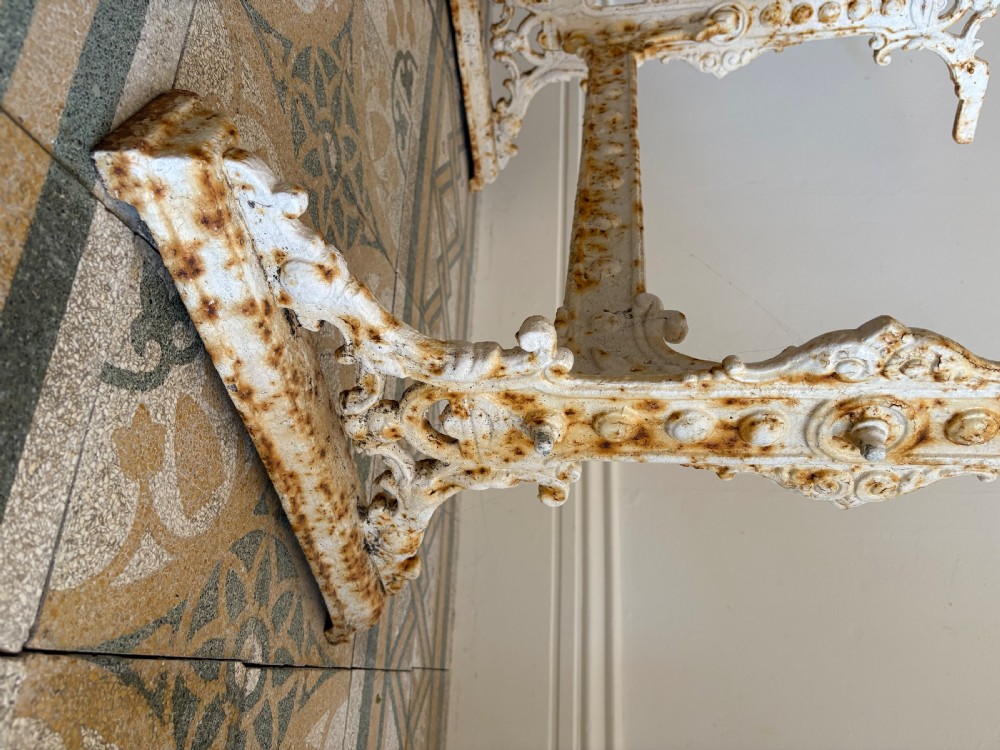 A White Painted Victorian Cast Iron Condervatory Garden Table with 108cm Marble Top. View IX