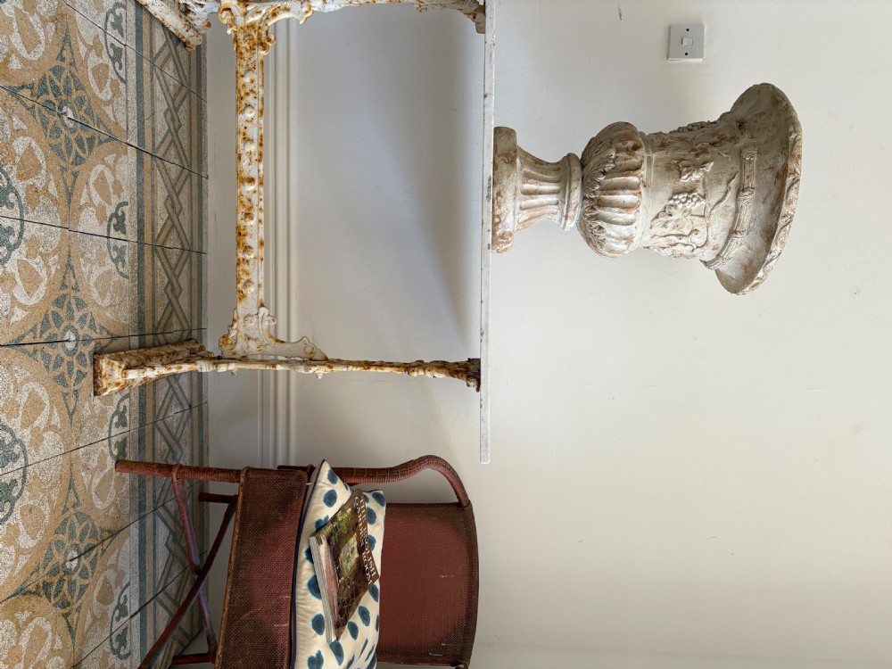 A White Painted Victorian Cast Iron Condervatory Garden Table with 108cm Marble Top. View XII