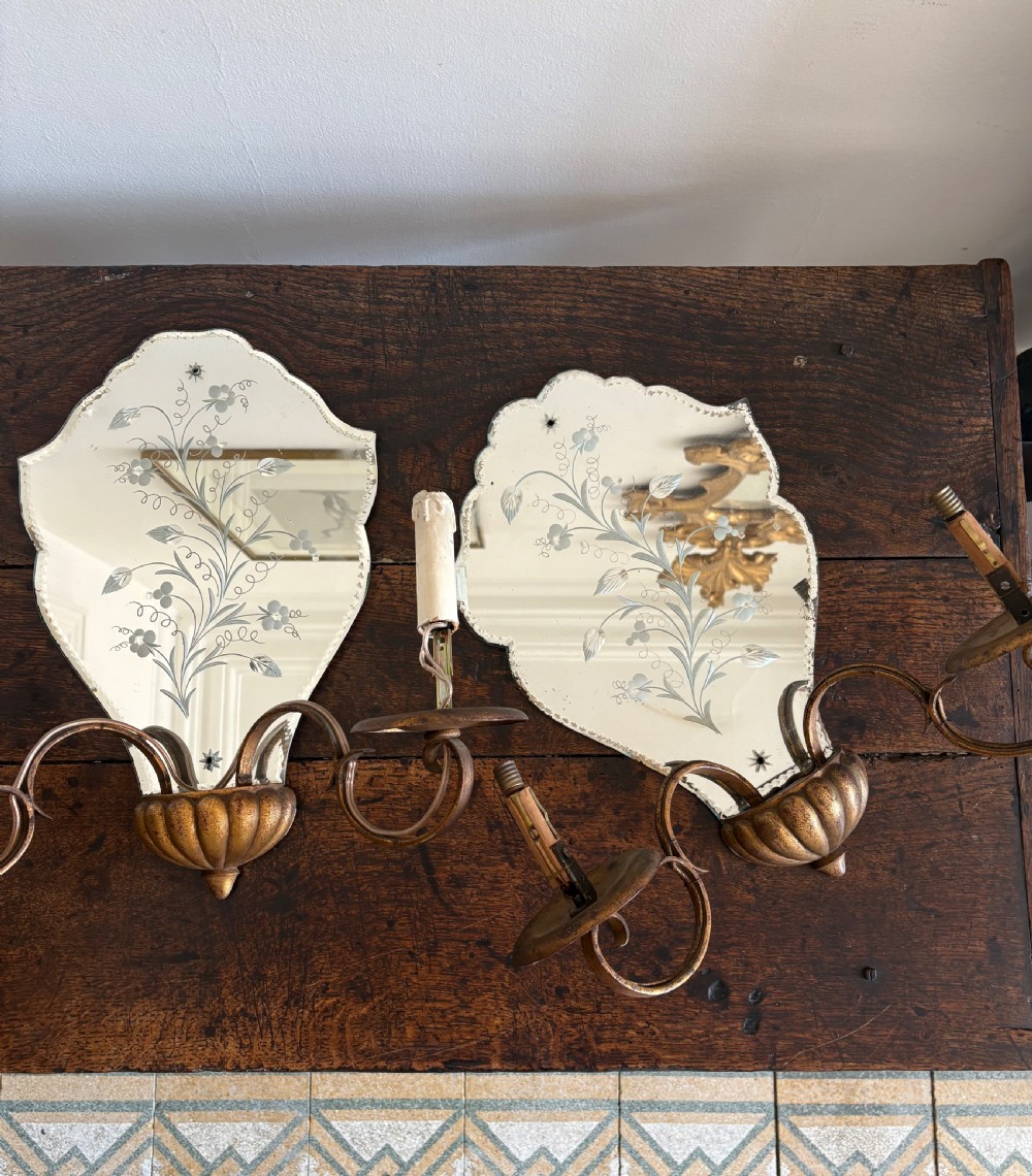 A Pair of Venetian 1920-30s Etched Mirror Wall Sconce Girandoles, 43cm View IX
