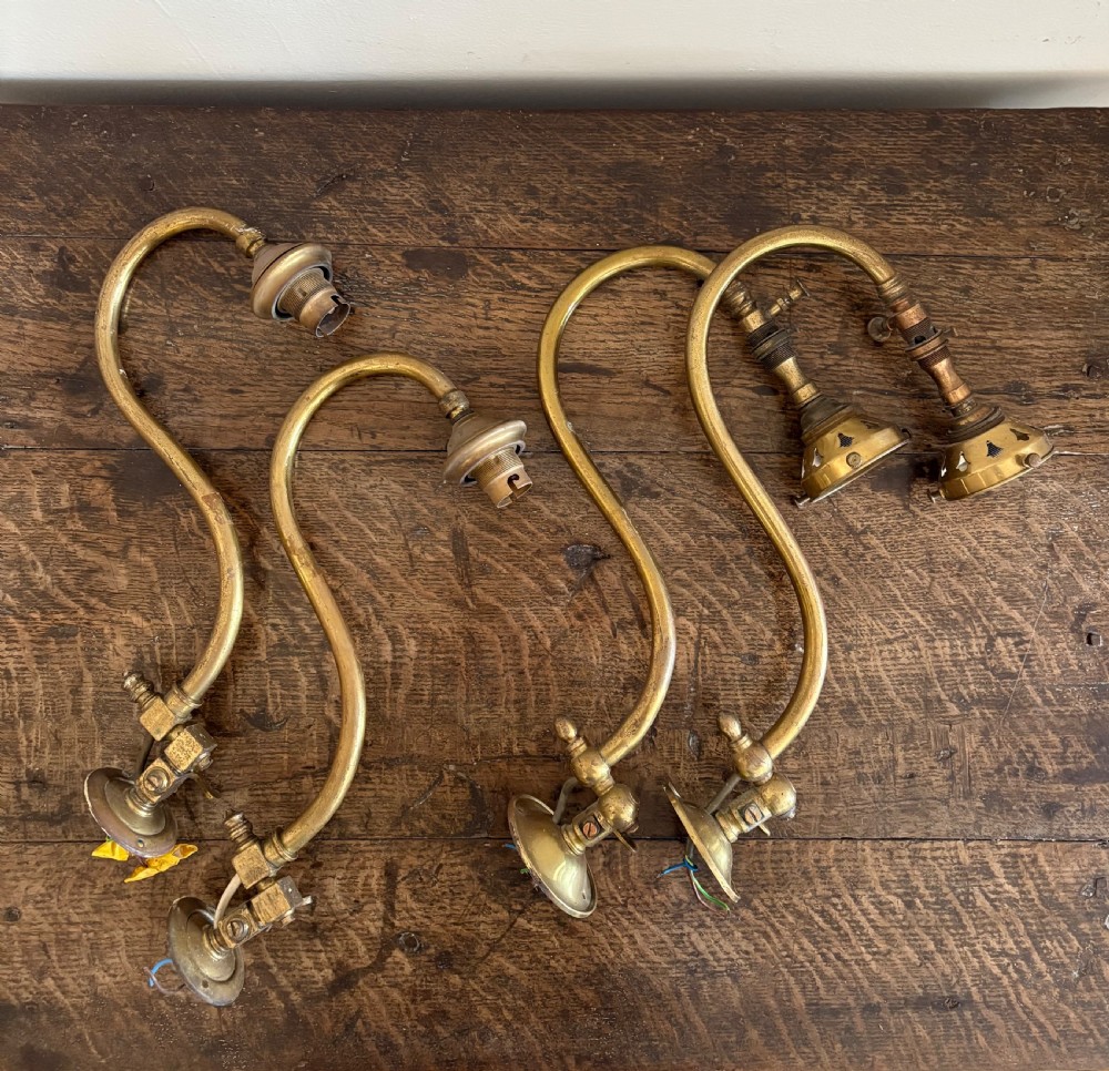 Pair of Architectural Antique Swan Neck Brass Wall Lights C1900, Adapted Gas Lights 30cm View II