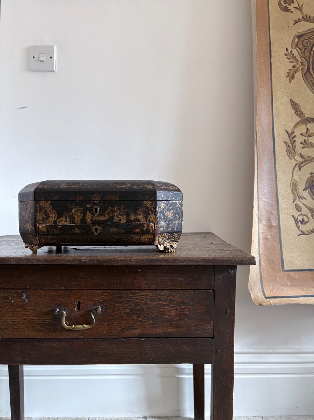 Early 19th Century Chinoiserie Lacquer Work Box, Chinese Export C1830, 36cm
