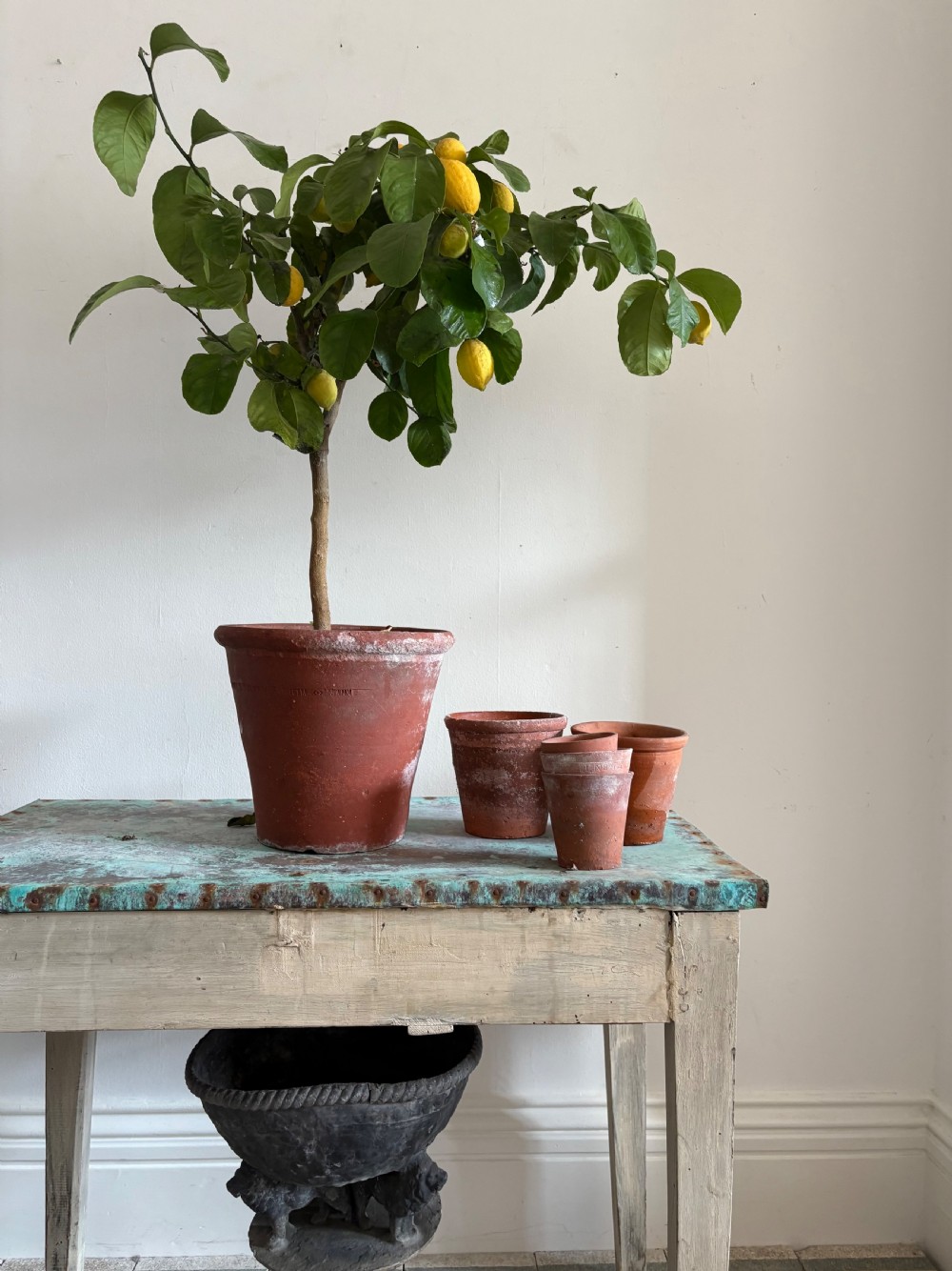 A French circa 1900 rustic wooden table with tapered legs and a verdigris copper sheet top edged with metal tacks. View VI