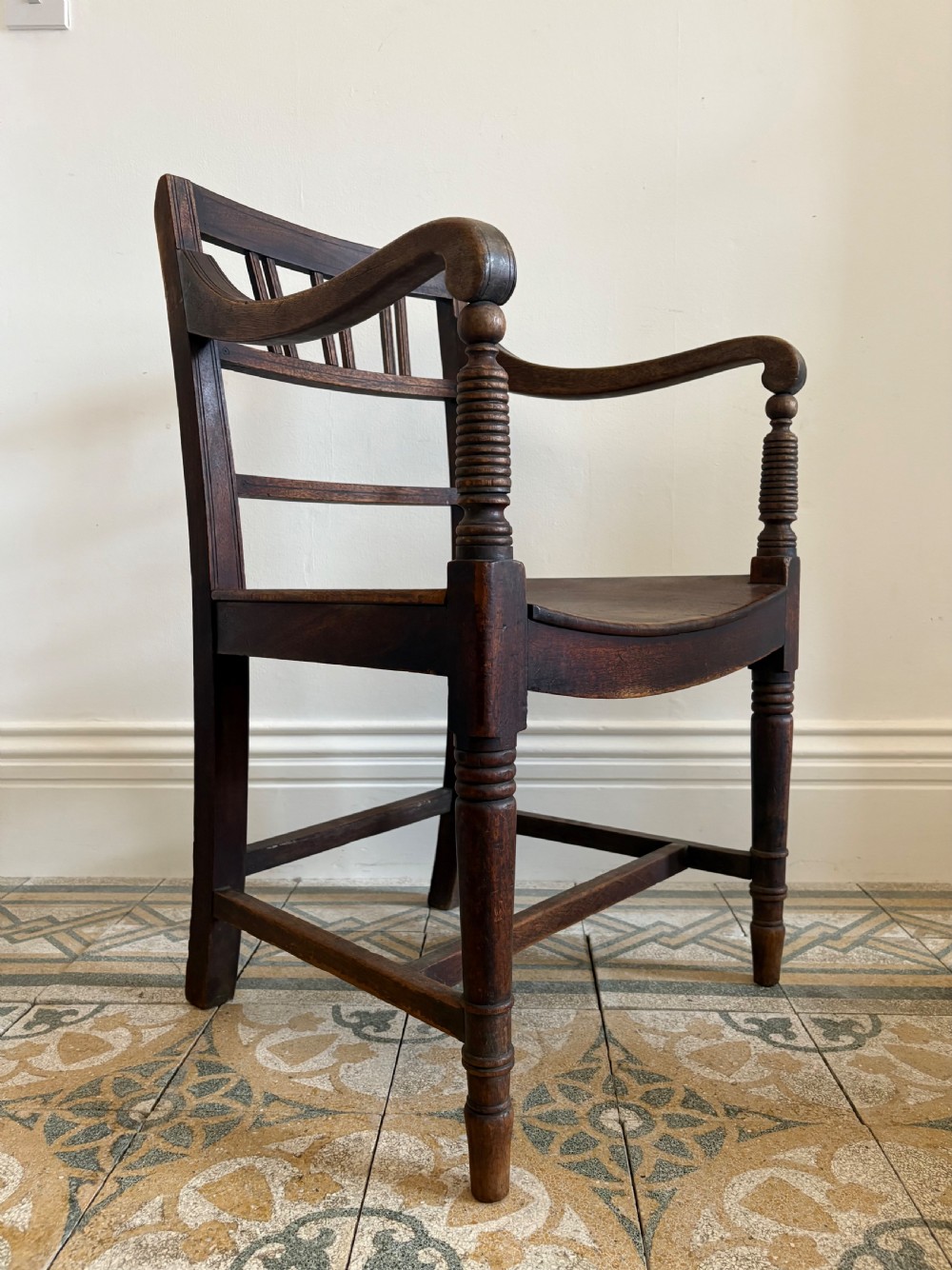 Early 19thC, Regency Open Arm Dry Beech and Elm Country Chair C1820, Dish Seat View III