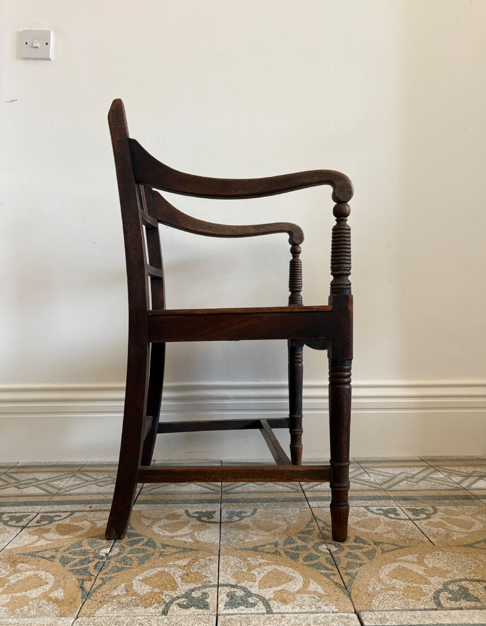 Early 19thC, Regency Open Arm Dry Beech and Elm Country Chair C1820, Dish Seat View VI