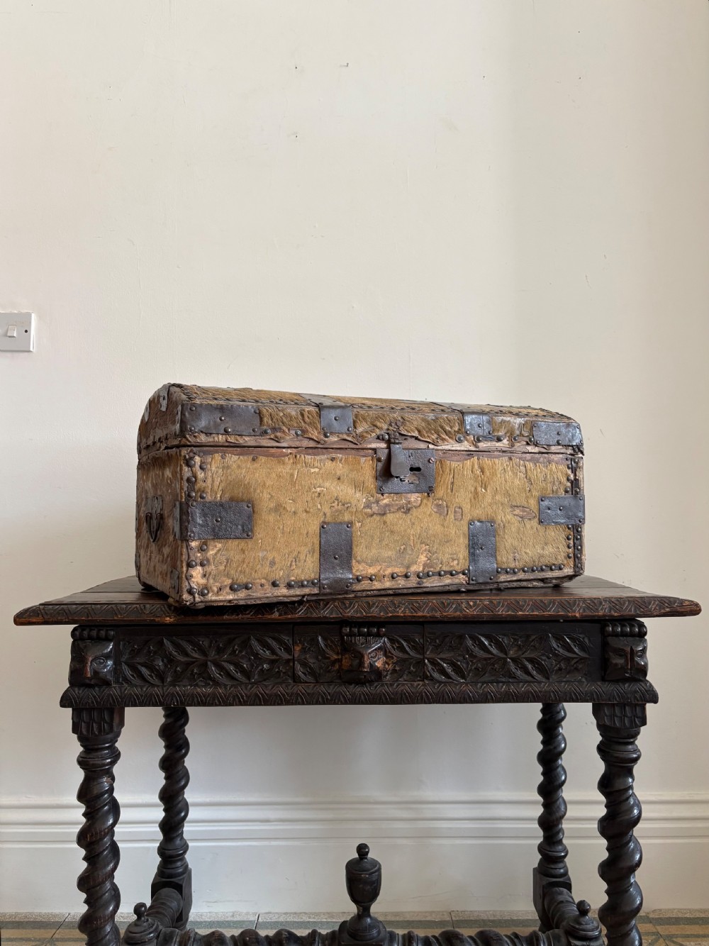 Early 18th Century Iron Bound and Deer Skin Domed Coaching Trunk 68cm, C1700