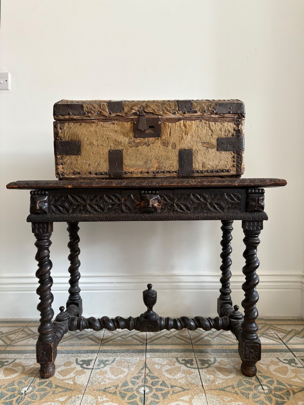 Early 18th Century Iron Bound and Deer Skin Domed Coaching Trunk 68cm, C1700 View II