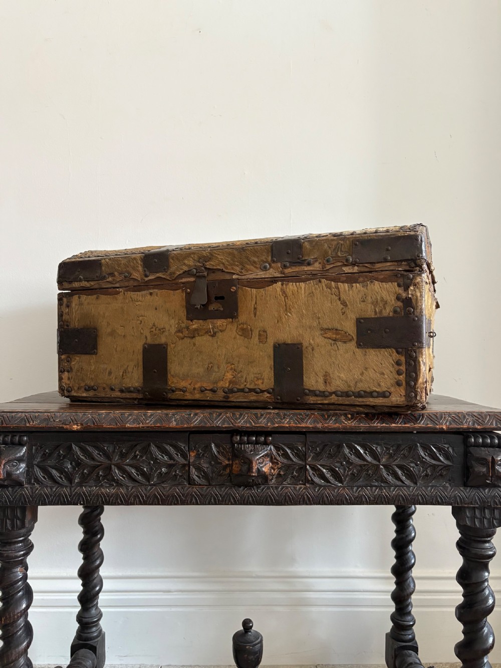 Early 18th Century Iron Bound and Deer Skin Domed Coaching Trunk 68cm, C1700 View IV