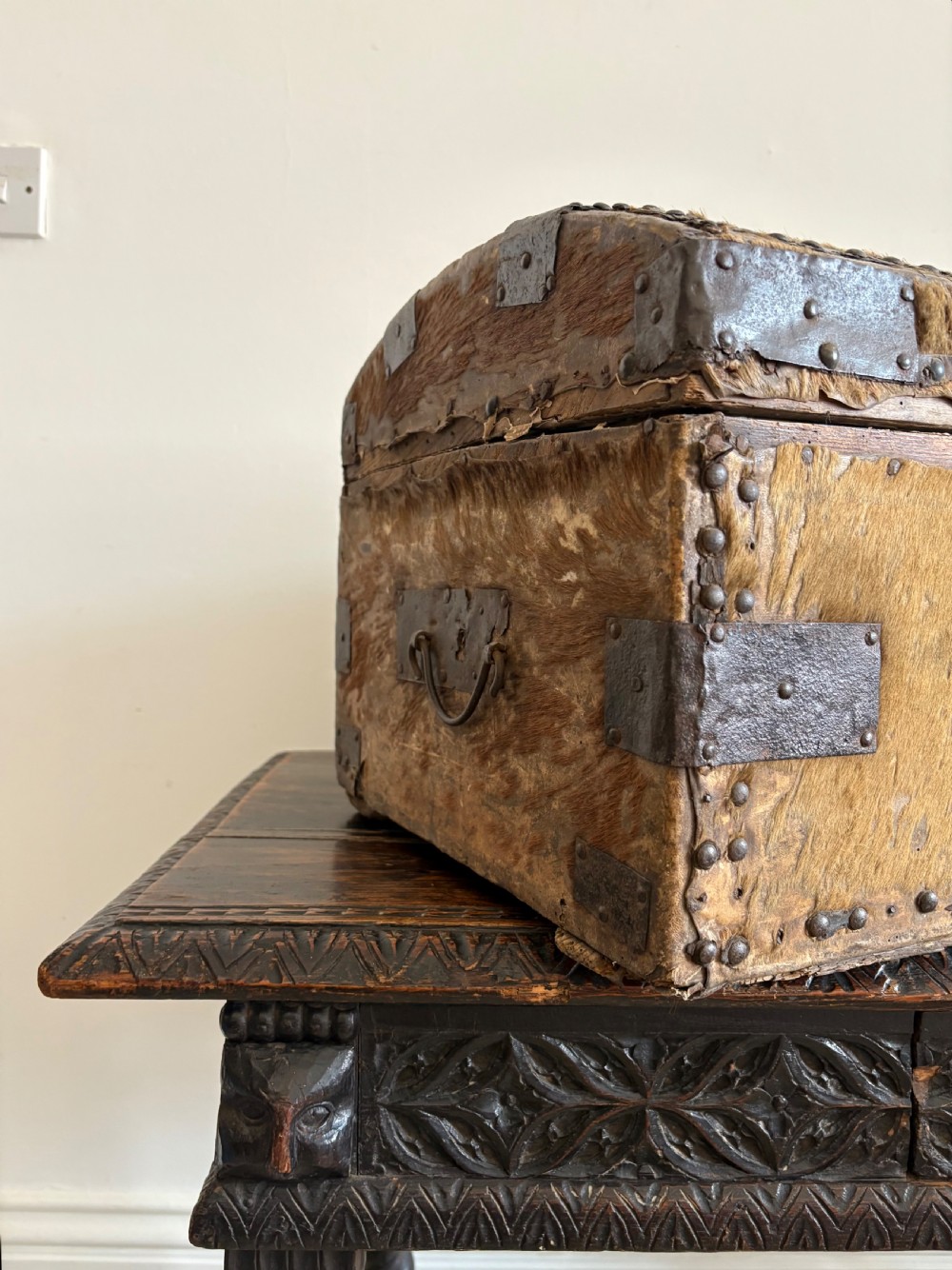 Early 18th Century Iron Bound and Deer Skin Domed Coaching Trunk 68cm, C1700 View VII