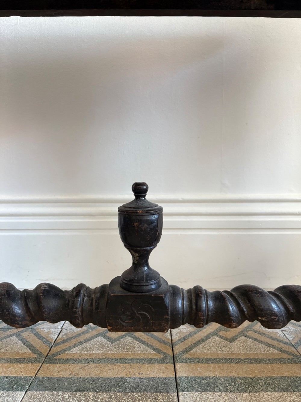 A 17th century Flemish carved oak side table with barley twist , grotesque masks and up finial, 97cm View VI