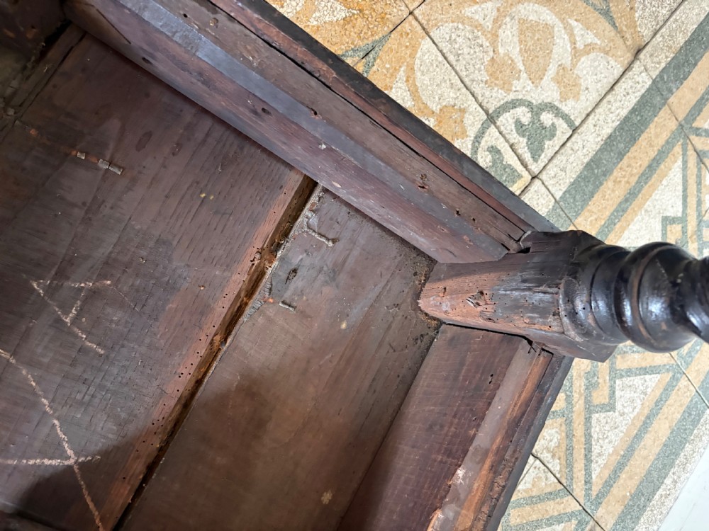 A 17th century Flemish carved oak side table with barley twist , grotesque masks and up finial, 97cm View XIII