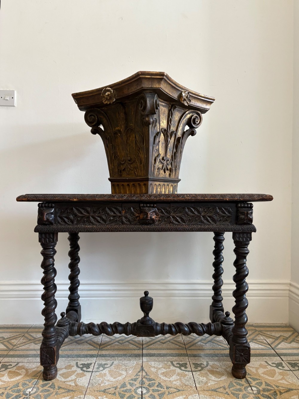 A 17th century Flemish carved oak side table with barley twist , grotesque masks and up finial, 97cm View XIV