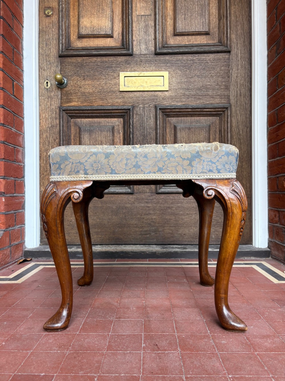 A Convincing Queen Anne Style, 19thC Walnut Carved Stool, Silk Damask