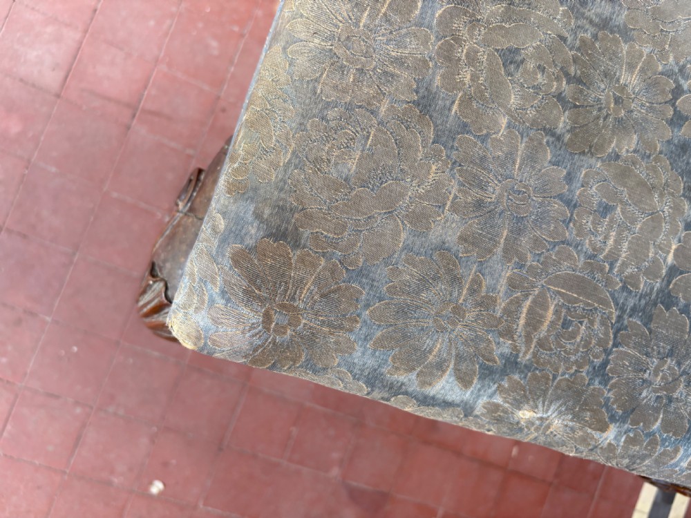 A Convincing Queen Anne Style, 19thC Walnut Carved Stool, Silk Damask View VII