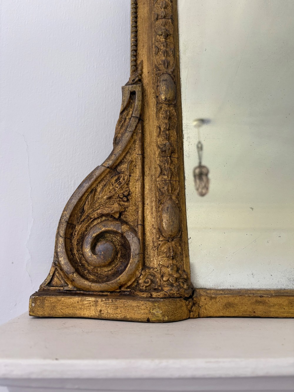 Early 19thC English Giltwood and Gesso Overmantle Mirror, Carved Putto, 119cm. View III