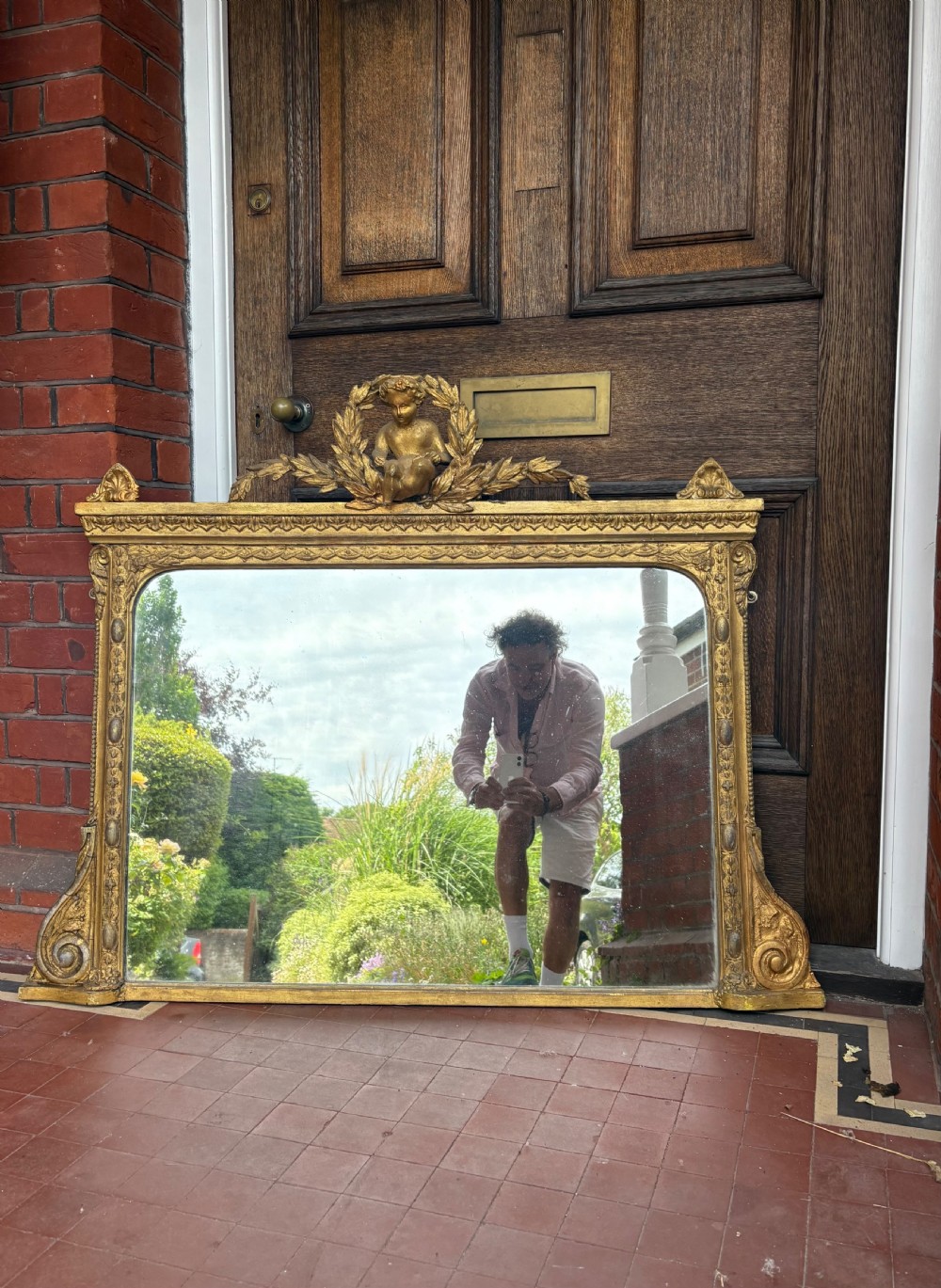 Early 19thC English Giltwood and Gesso Overmantle Mirror, Carved Putto, 119cm. View IV