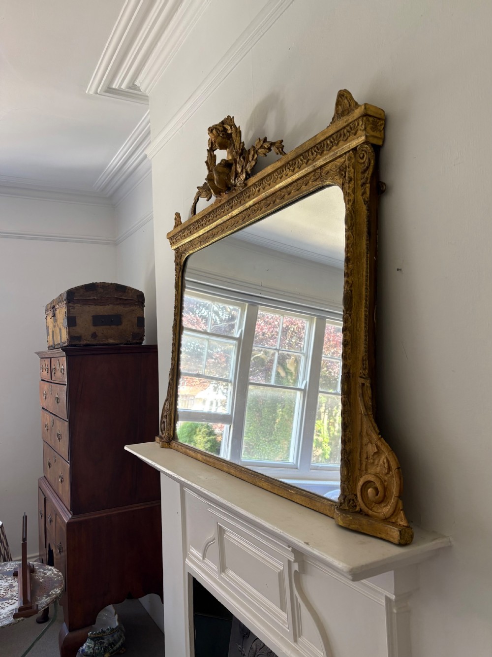 Early 19thC English Giltwood and Gesso Overmantle Mirror, Carved Putto, 119cm. View XII