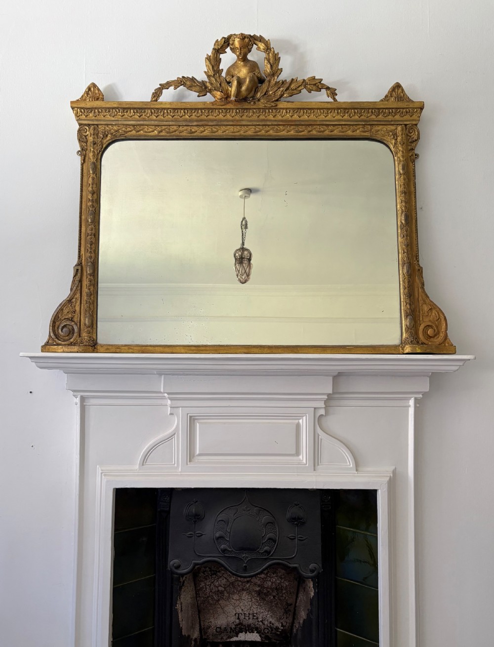 Early 19thC English Giltwood and Gesso Overmantle Mirror, Carved Putto, 119cm. View XIV