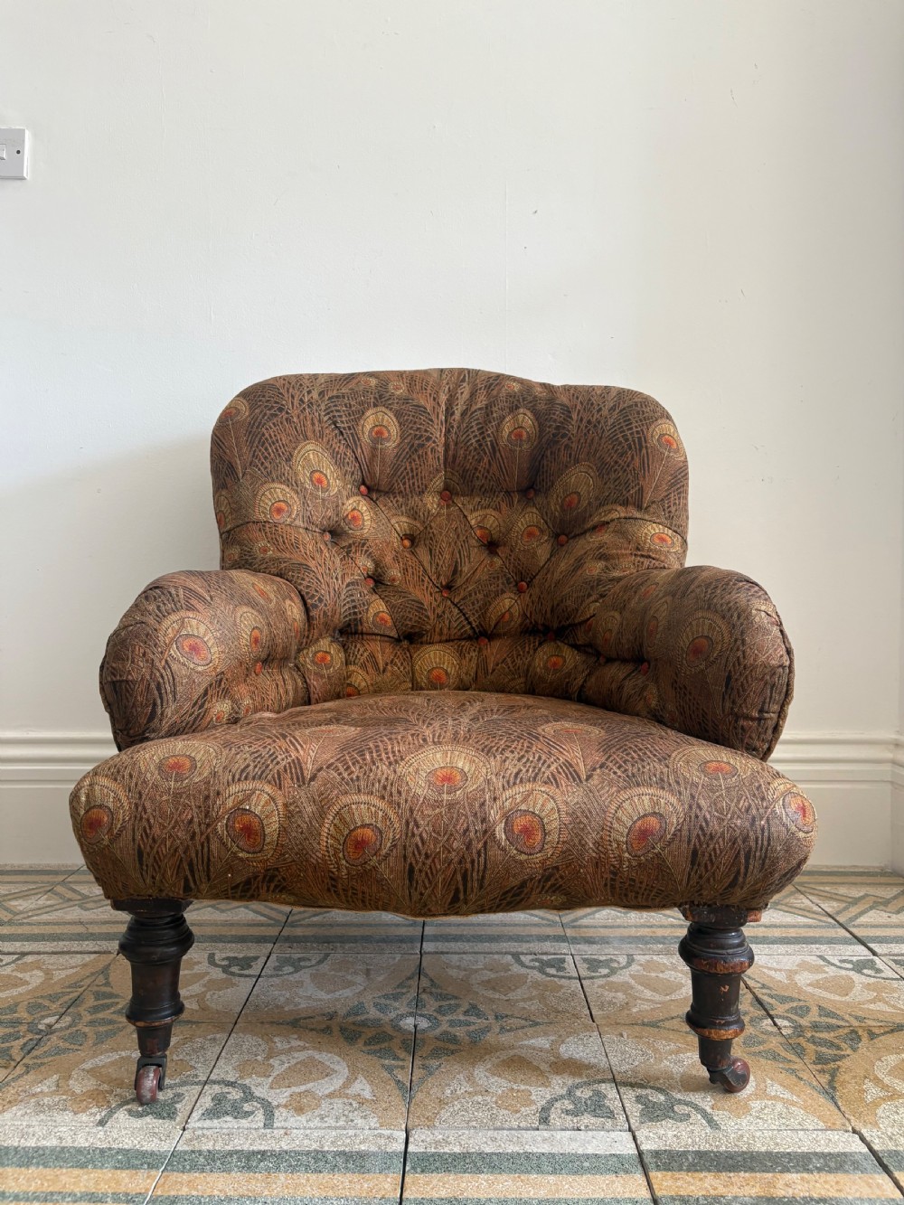 Late 19thC Deep Seated Spoon Back Low Country House Armchair, Liberty Fabric