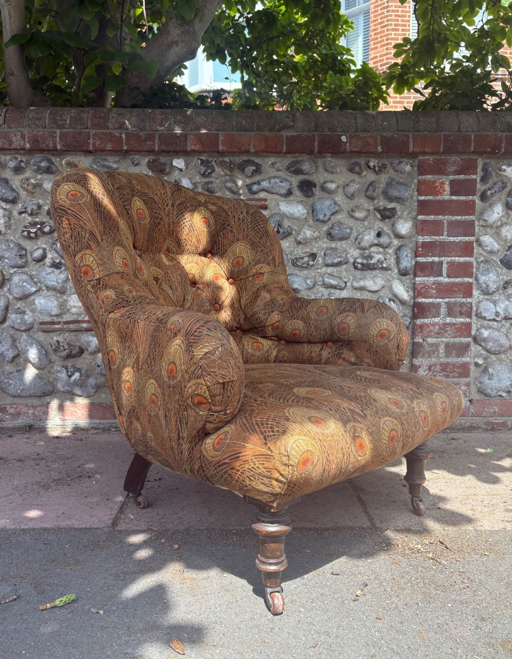 Late 19thC Deep Seated Spoon Back Low Country House Armchair, Liberty Fabric View XI
