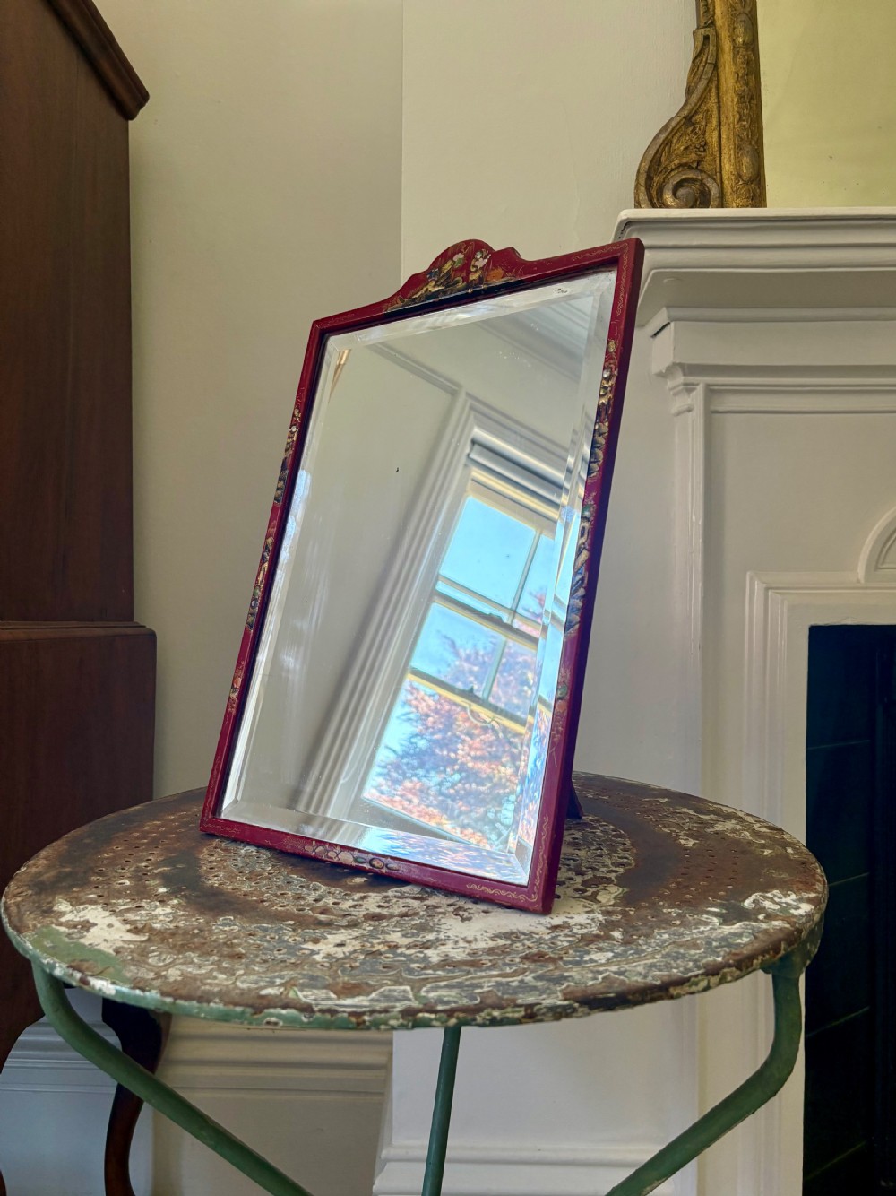 A 1920s Red Lacquer Chinoiserie Bevelled Dressing Mirror 46cm, Easel Stand