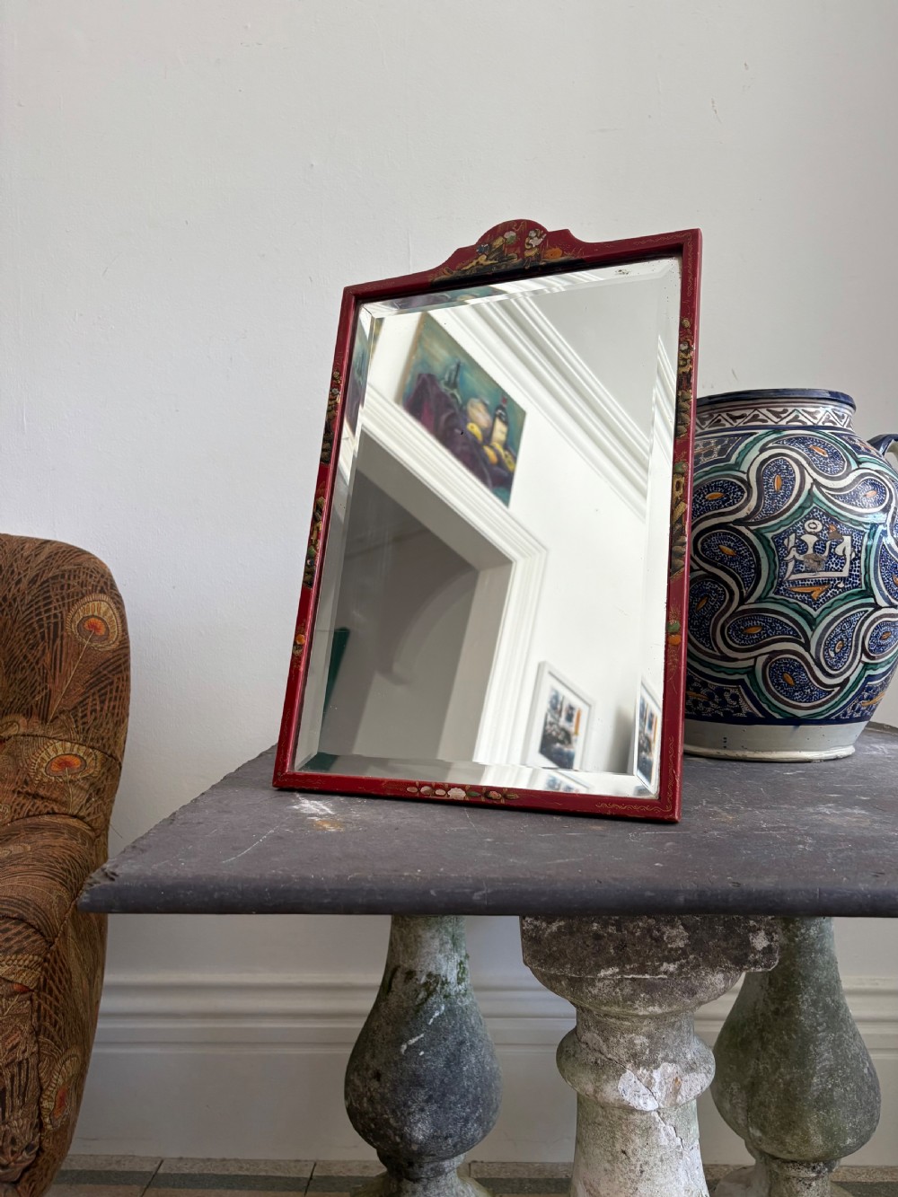 A 1920s Red Lacquer Chinoiserie Bevelled Dressing Mirror 46cm, Easel Stand View XI