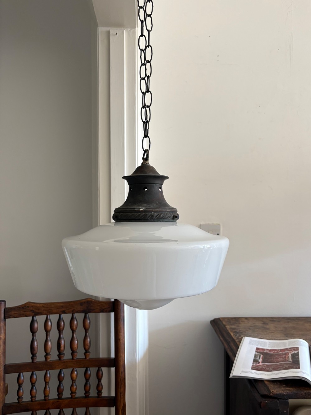 Art Deco 1920s Glass Opaline Pendant Shade, Patinated Gallery and Rose 34cm dia