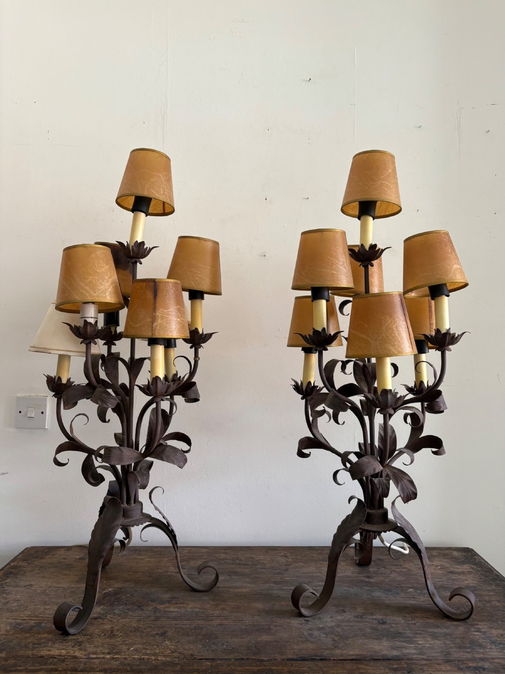 A Pair of 95cm tall, Wrought Iron and Tole Continental Table Candelabra C1920s