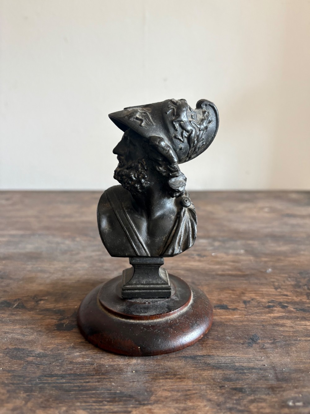A 19th Century Grand Tour Bronze Bust, Ajax on Wood Base, 13cm tall