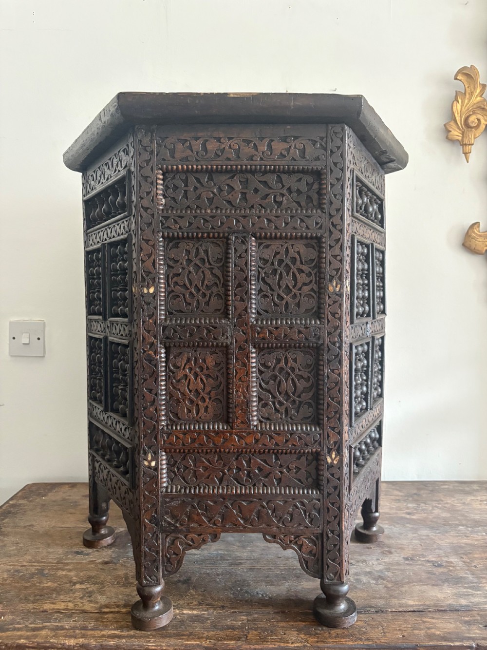 A 19th Century Carved Ottoman or Damascus Octagonal Inlaid Table, 69cm tall View II