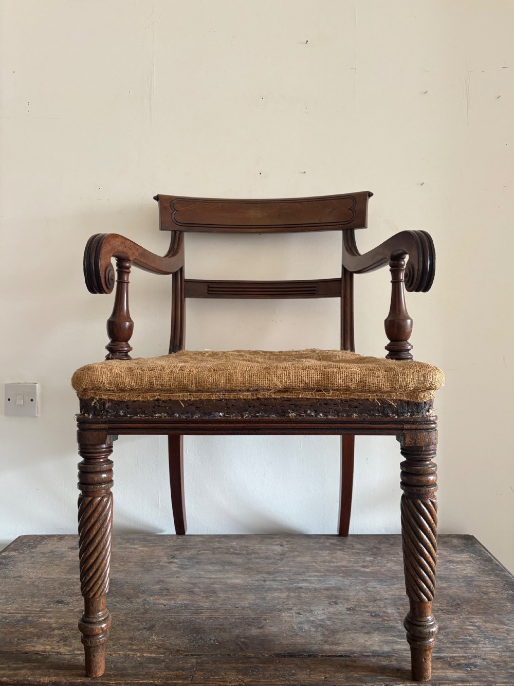 A Regency Mahogany Scroll Arm Desk or Reading Chair, Hessian Seat C1820 View IV