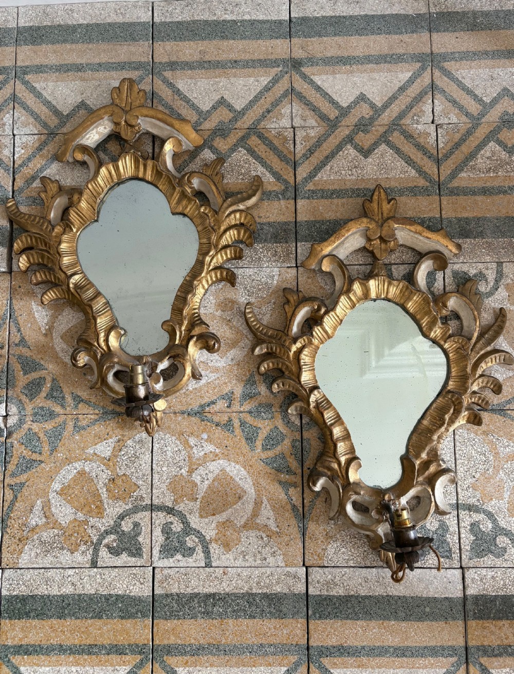 A Pair of 19thC Italian Rococo, Giltwood Mirror Wall Sconce Girandoles, 49.5cm