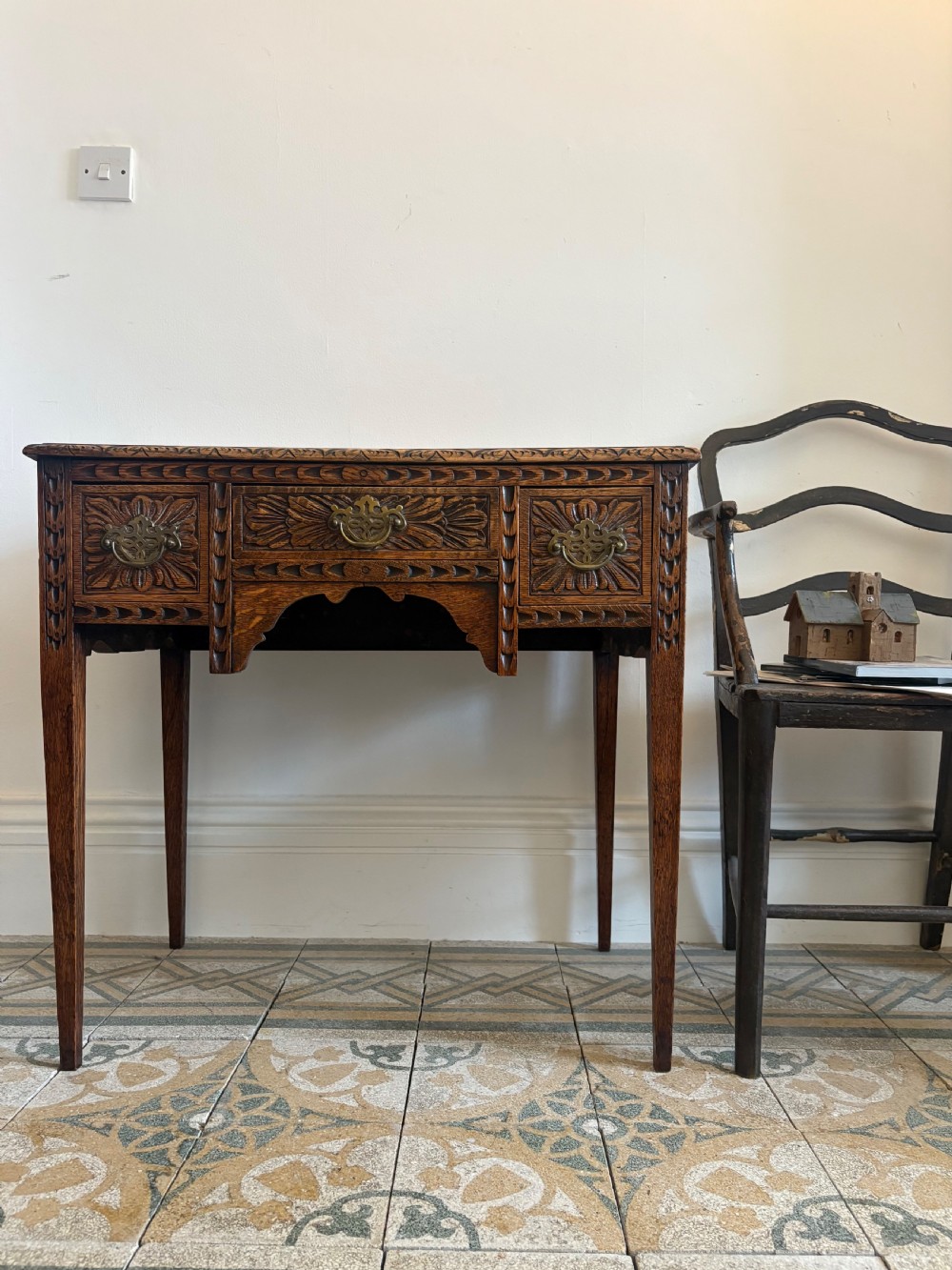 A George 111 Carved Oak 3 Drawer Lowboy Side Table C1800, 76cm wide