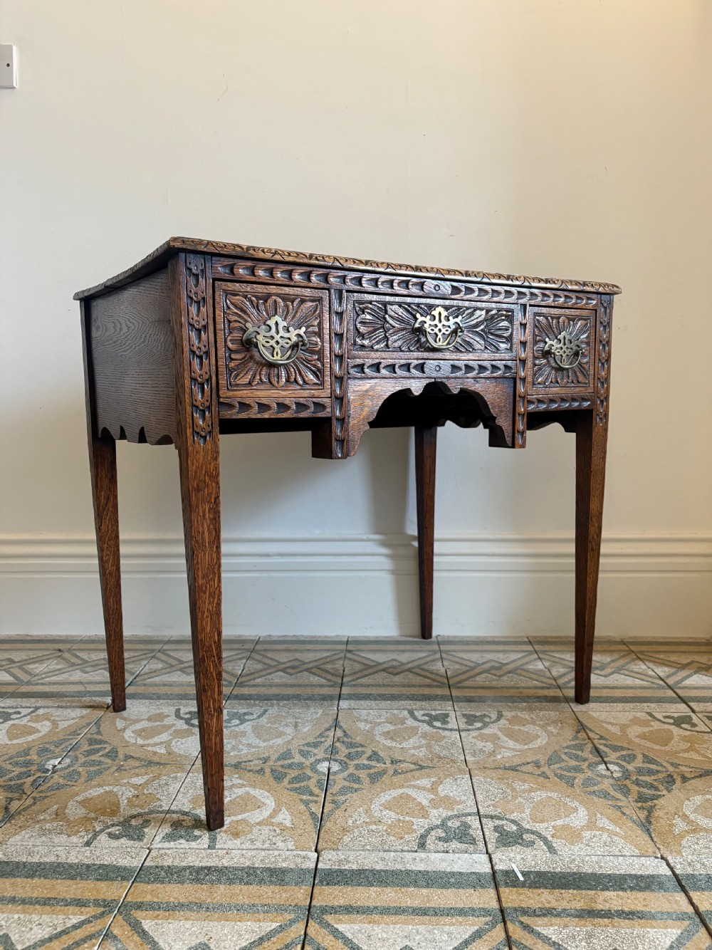 A George 111 Carved Oak 3 Drawer Lowboy Side Table C1800, 76cm wide View III